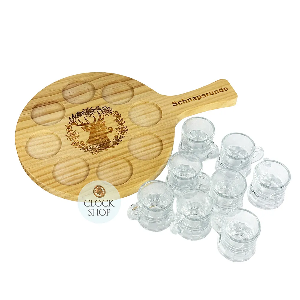 Round Schnapps Serving Board With Deer Head & 8 Glasses image