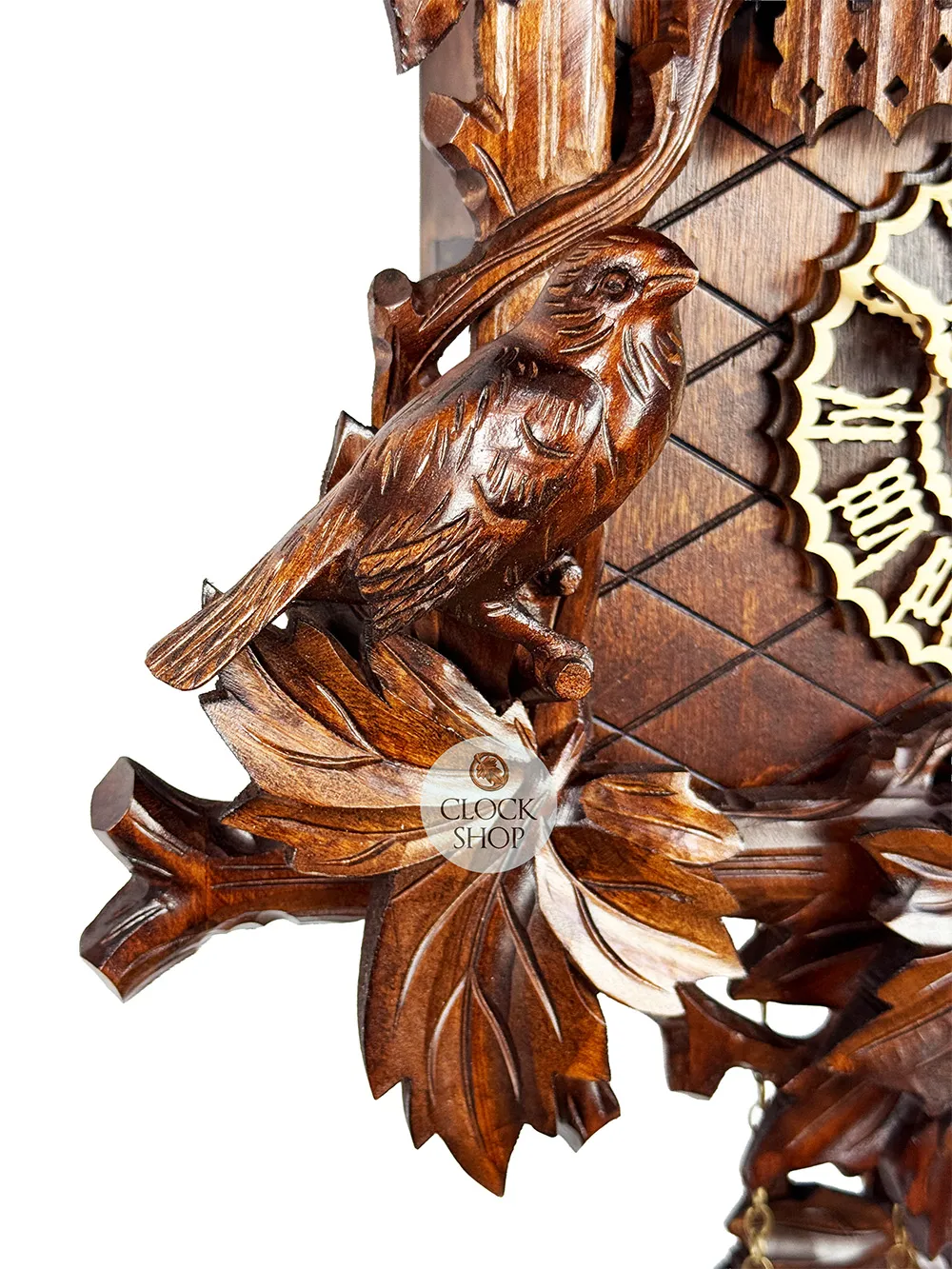 Detailed Birds & Leaves Battery Carved Cuckoo Clock With Dancers 49cm By TRENKLE image