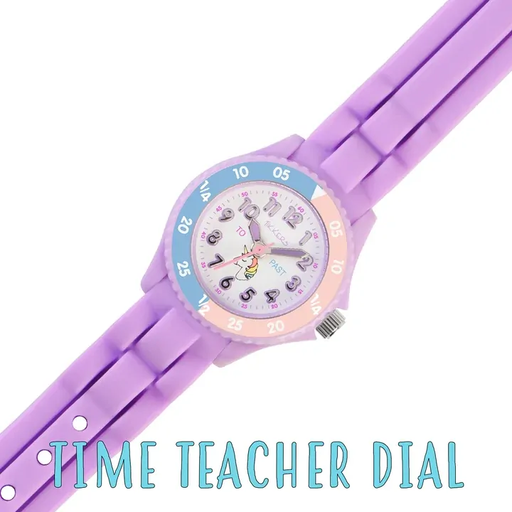 Time Teacher Girls Quartz Watch With Unicorn Dial & Purple Silicone Strap By TIKKERS image