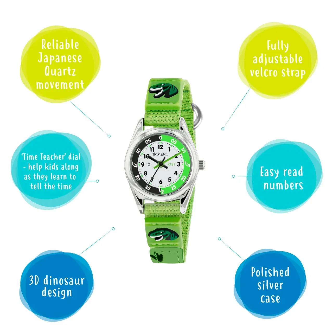 Time Teacher Green Youth Quartz Watch With Green Canvas Dinosaur Strap By TIKKERS image