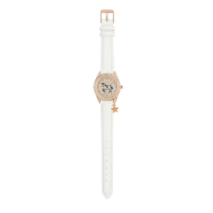 Charm Collection Rose Gold Kids Watch With Sparkly Unicorn Dial & White Leatherette Strap By TIKKERS image