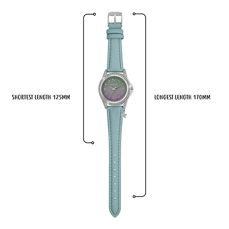 Fashion Kids Watch With Green & Purple Sparkle Dial & PU Aqua Strap By TIKKERS image