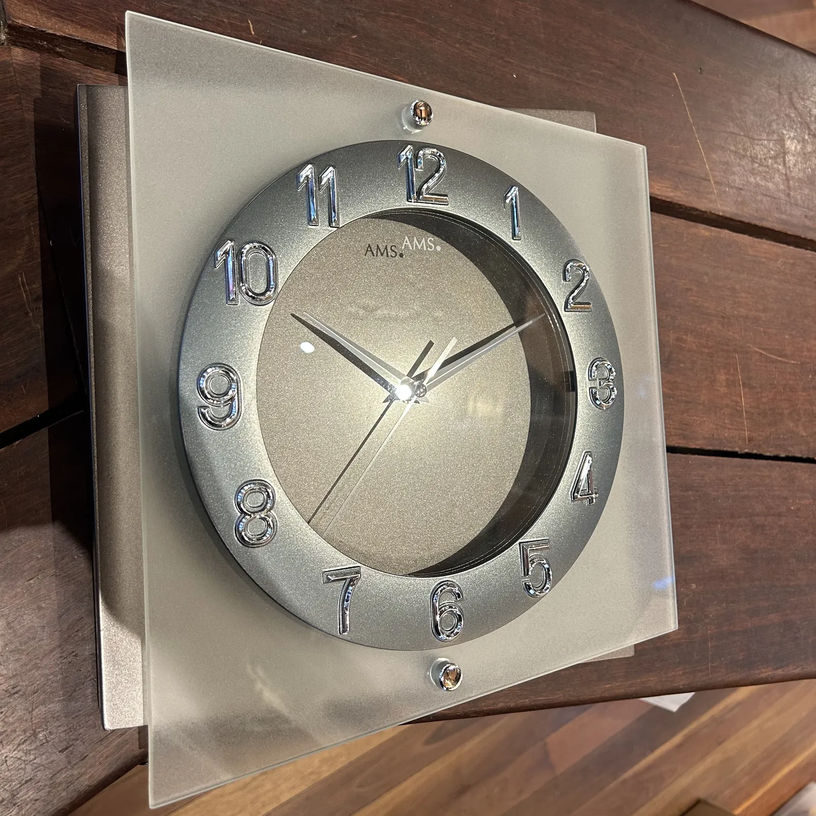 31cm Grey & Silver Silent Square Wall Clock By AMS (Dimpled Background) image