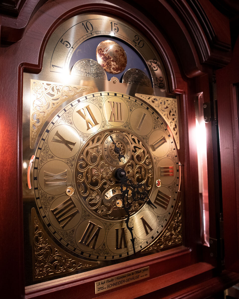 207cm Mahogany Grandfather Clock With Triple Chime & Shelves By SCHNEIDER image