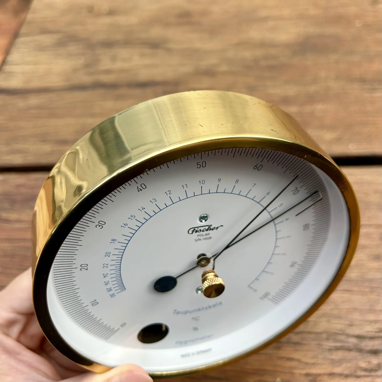 13cm Polished Brass Polar Series Hair Hygrometer By FISCHER (Marked Bezel) image