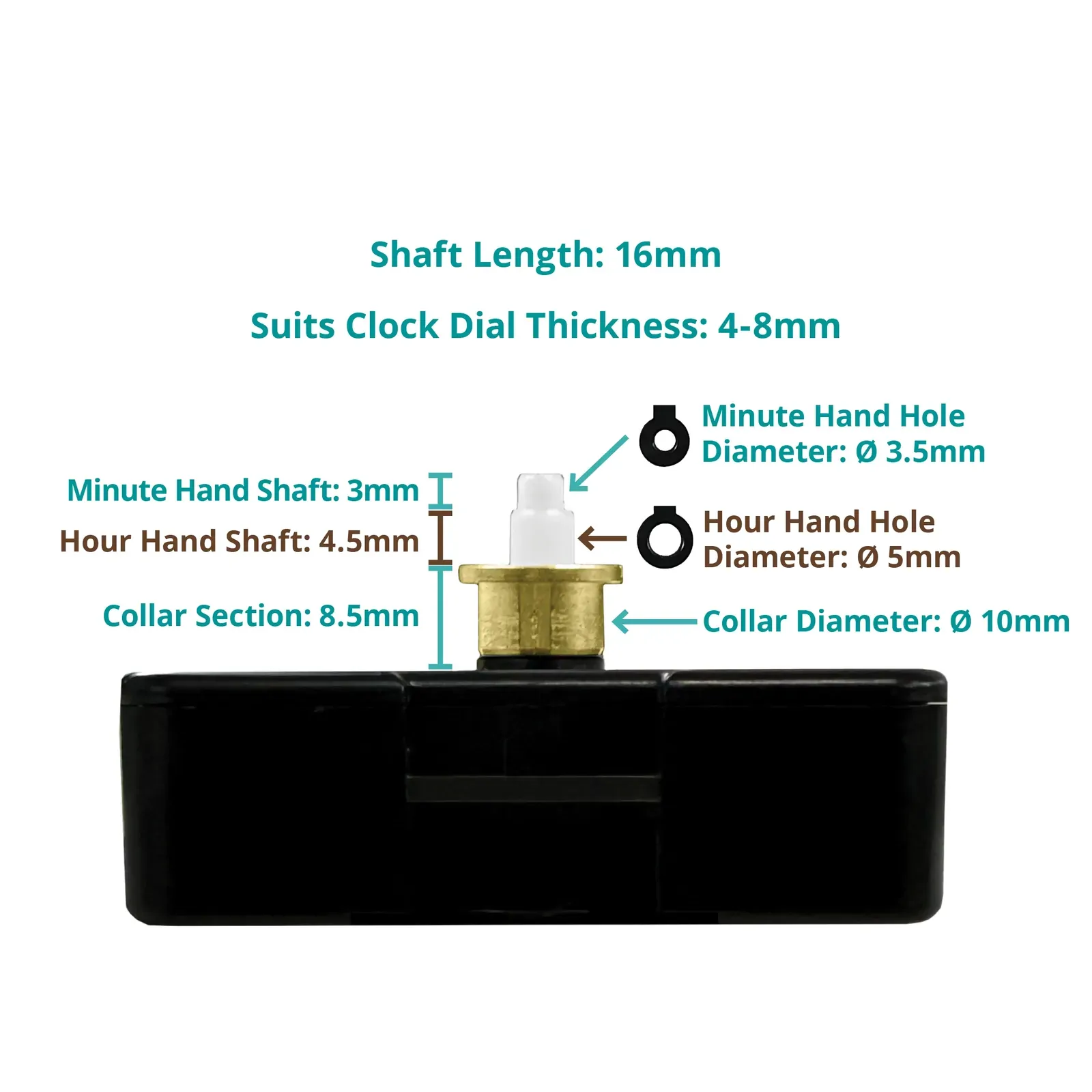 German Press Fit Step Clock Movement Kit- Black Pointer Hands (16mm Shaft) | Fits 3.5mm & 5mm Hand Holes image