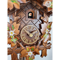 5 Leaf & Bird 1 Day Mechanical Carved Cuckoo Clock With Edelweiss Flowers 28cm By HÖNES image
