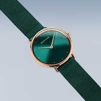 29mm Ultra Slim Collection Womens Watch With Green Dial, Green Milanese Strap & Rose Gold Case By BERING image