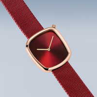 34mm Pebble Collection Womens Watch With Red Dial, Red Milanese Strap & Rose Gold Case By BERING image