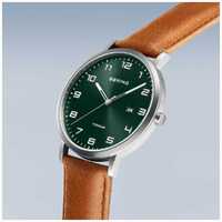 40mm Titanium Collection Mens Watch With Green Dial & Tan Leather Strap & Silver Case By BERING image