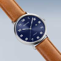 40mm Titanium Collection Mens Watch With Blue Dial & Tan Leather Strap & Silver Case By BERING image