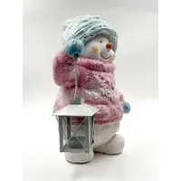 31cm Pink & Blue Snowman With Tealight Lantern (Cracked) image