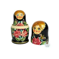 Floral Russian Dolls- Black Scarf With Pink Flowers 18cm (Set Of 5) image