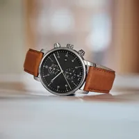 42mm Urban Classic Mens Chronograph Swiss Quartz Watch With Black Dial & Brown Leather Band By WENGER image