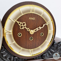 27cm Walnut 1930s Antique Look Mechanical Tambour Mantel Clock With Westminster Chime & Detailed Carvings By AMS  image