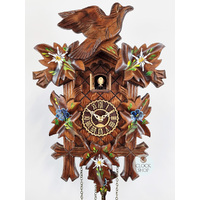 5 Leaf & Bird With Blue & White Flowers Battery Carved Cuckoo Clock 35cm By TRENKLE image