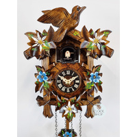 5 Leaf & Bird With Blue Flowers Battery Carved Cuckoo Clock 22cm By ENGSTLER image