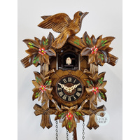 5 Leaf & Bird with Red Flowers Battery Carved Cuckoo Clock 22cm By ENGSTLER image