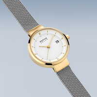 26mm Solar Collection Womens Watch With White Dial, Silver Milanese Strap & Gold Case By BERING image