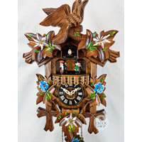 5 Leaf & Bird With Blue Flowers Battery Carved Cuckoo Clock With Dancers 37cm By ENGSTLER image