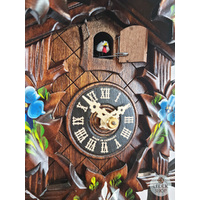 5 Leaf & Bird with Blue & White Flowers 1 Day Mechanical Carved Cuckoo Clock 22cm By ENGSTLER image