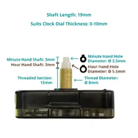 Press Fit Sweep Clock Movement Kit- Black Pointer & Red Seconds Hands (19mm Shaft) | Fits 3.5mm & 5.5mm Hand Holes image