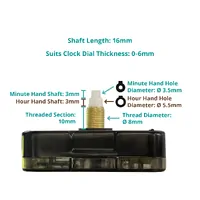 Press Fit Sweep Clock Movement Kit- Gold Spade & Black Seconds Hands (16mm Shaft) | Fits 3.5mm & 5.5mm Hand Holes image