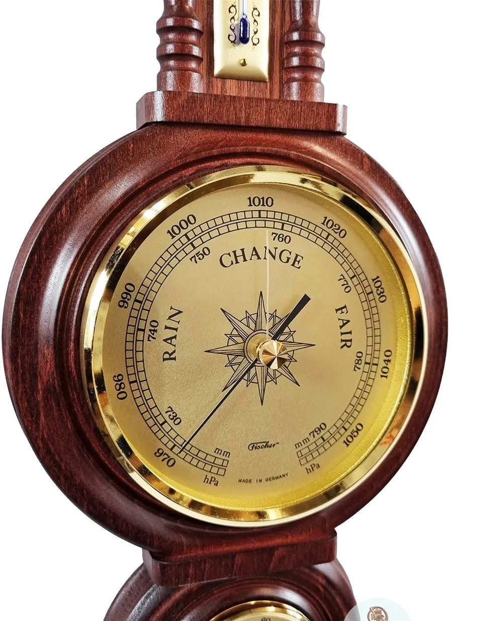 59cm Mahogany Old German Style Weather Station With Barometer Thermometer & Hygrometer By FISCHER image