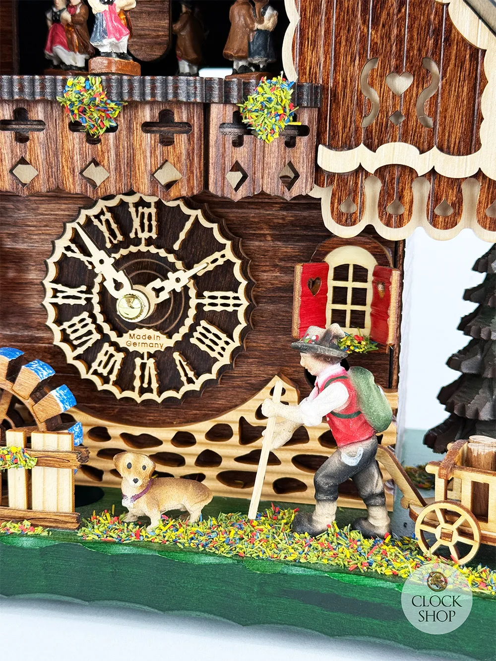 Hiker With Dog LED Battery Chalet Table Cuckoo Clock With Dancers 34cm By TRENKLE image