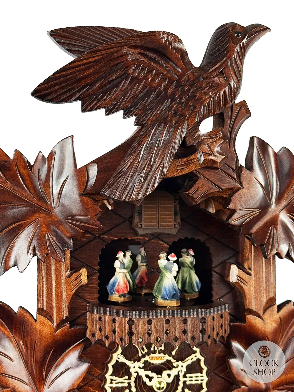 5 Leaf & Bird LED Battery Carved Cuckoo Clock With Dancers 48cm By TRENKLE image