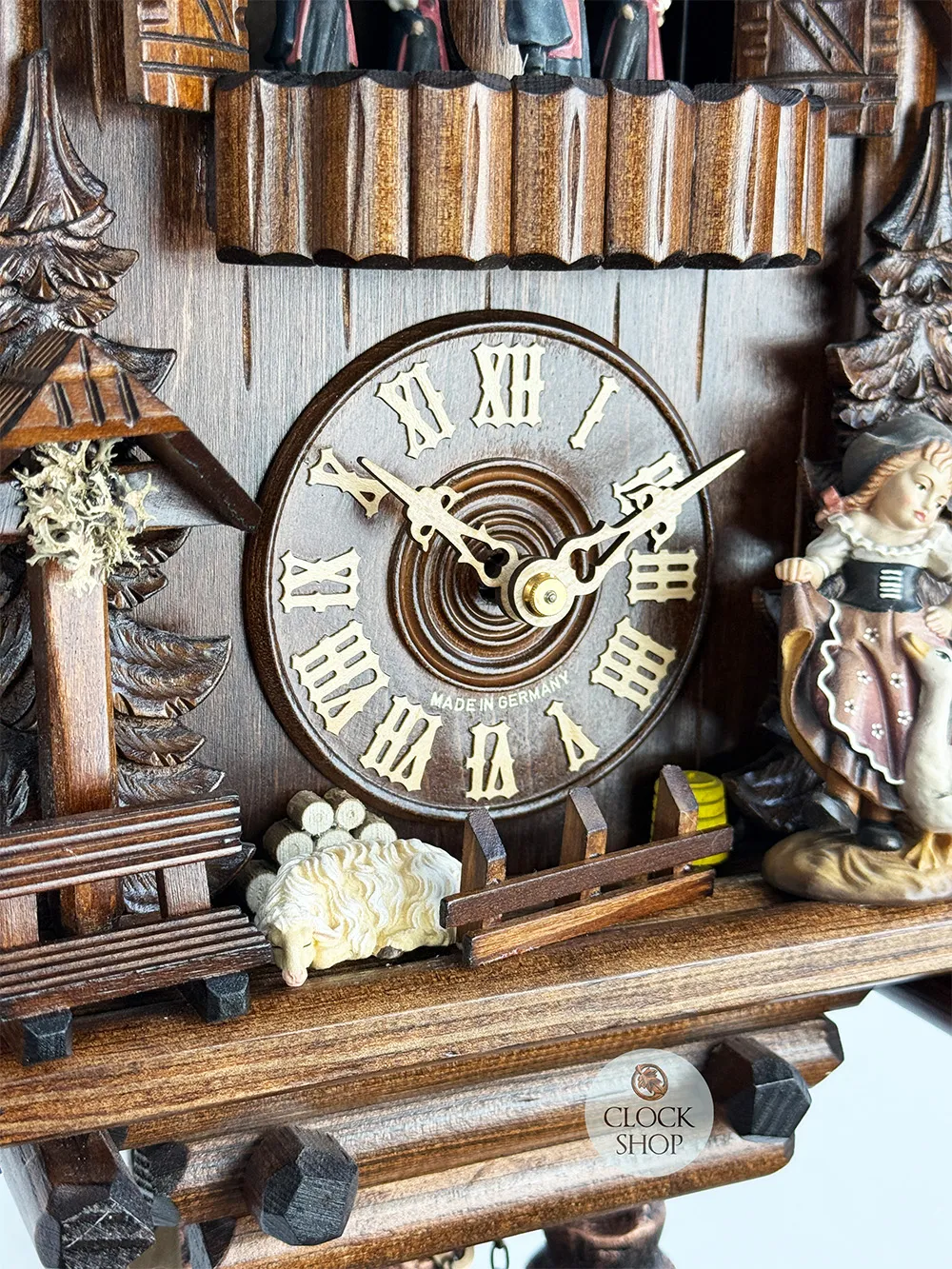 Log Cabin 8 Day Mechanical Chalet Cuckoo Clock With Girl, Geese & Dancers 38cm By SCHWER image