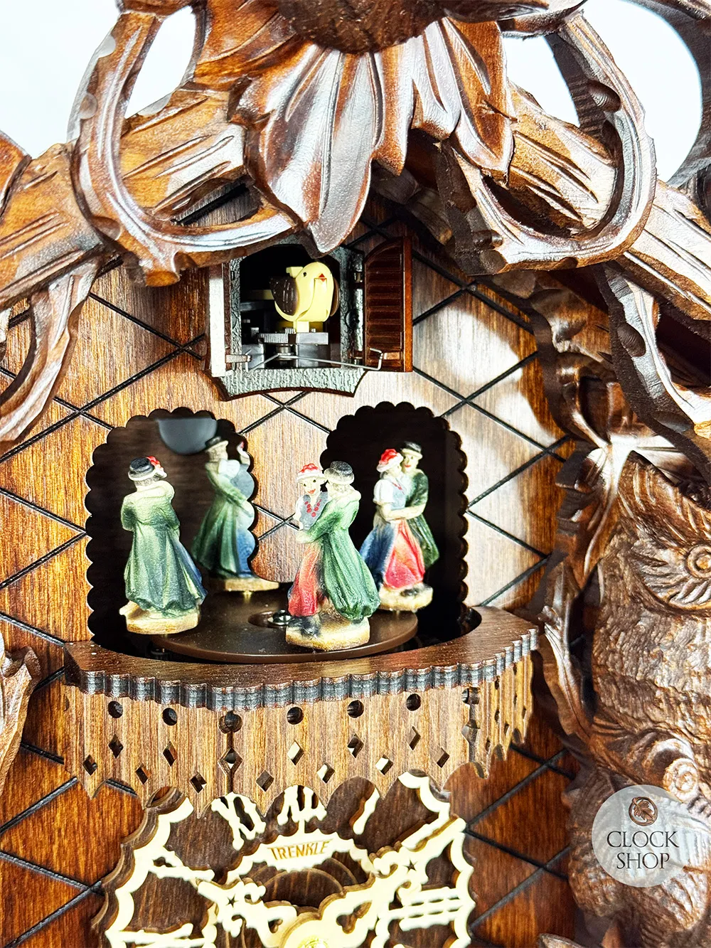 Owls Battery Carved Cuckoo Clock With Dancers 52cm By TRENKLE image