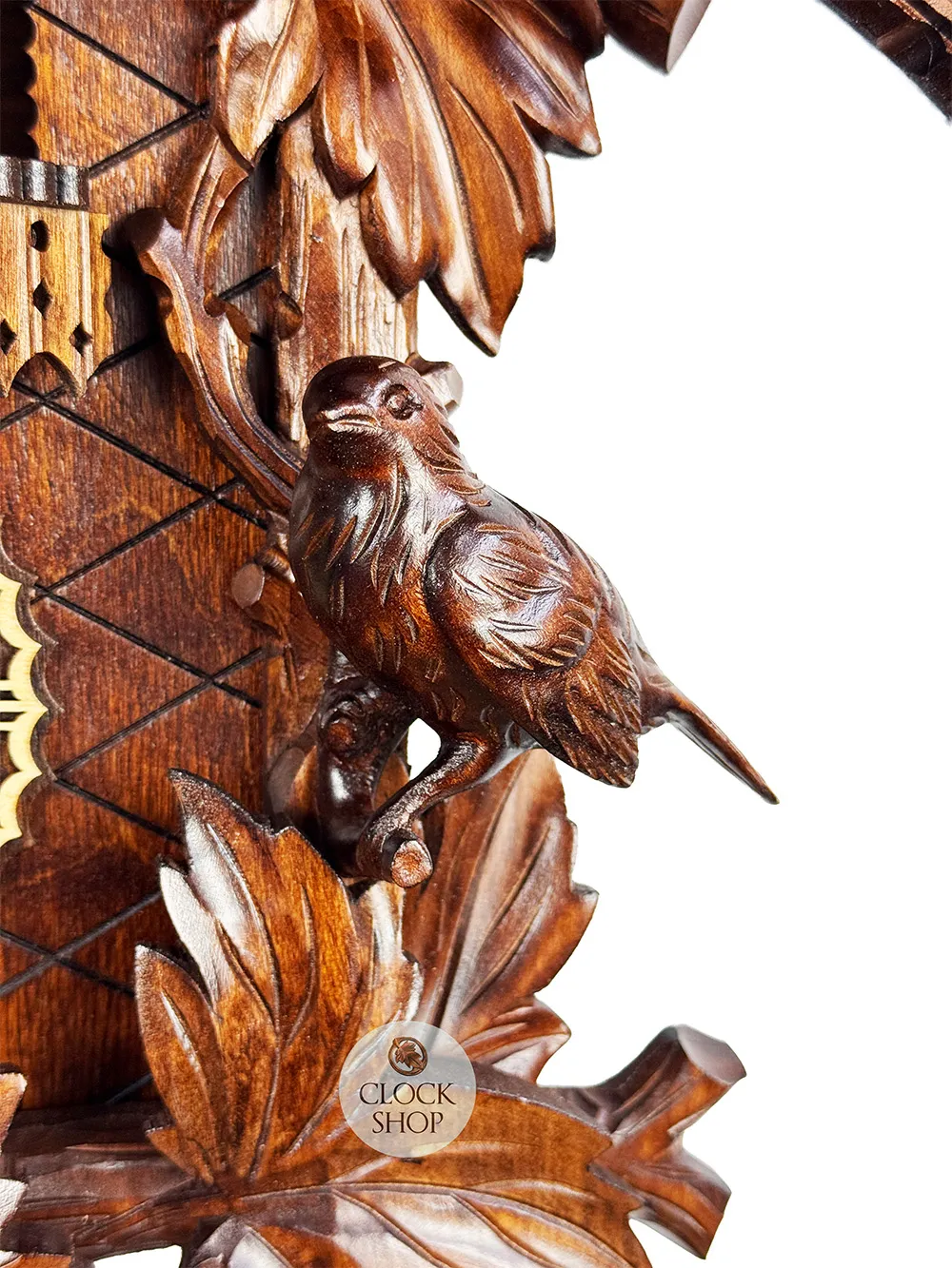 Detailed Birds & Leaves Battery Carved Cuckoo Clock With Dancers 49cm By TRENKLE image
