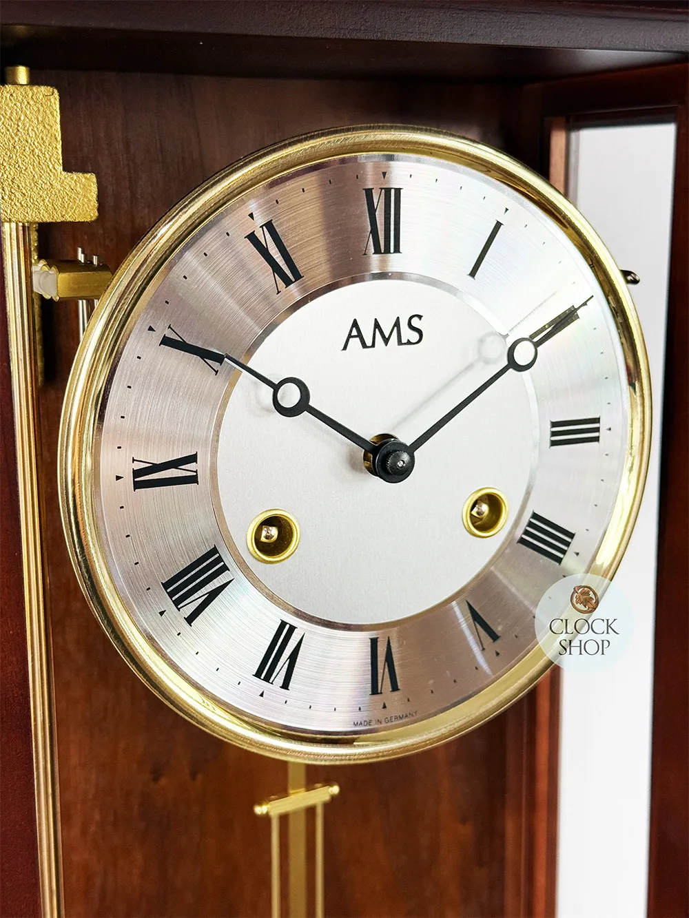 65cm Walnut 14 Day Mechanical Bim Bam Striking Wall Clock With Piano Finish & Draw By AMS image