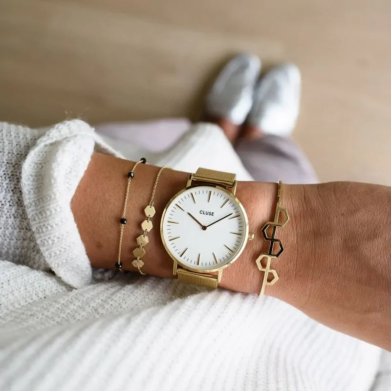 38mm Boho Chic Womens Quartz Watch With White Dial & Gold Plated Stainless Steel Mesh Band By CLUSE image