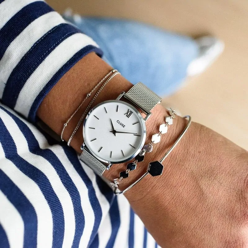 33mm Minuit Womens Quartz Watch With White Dial & Silver Stainless Steel Mesh Band By CLUSE image
