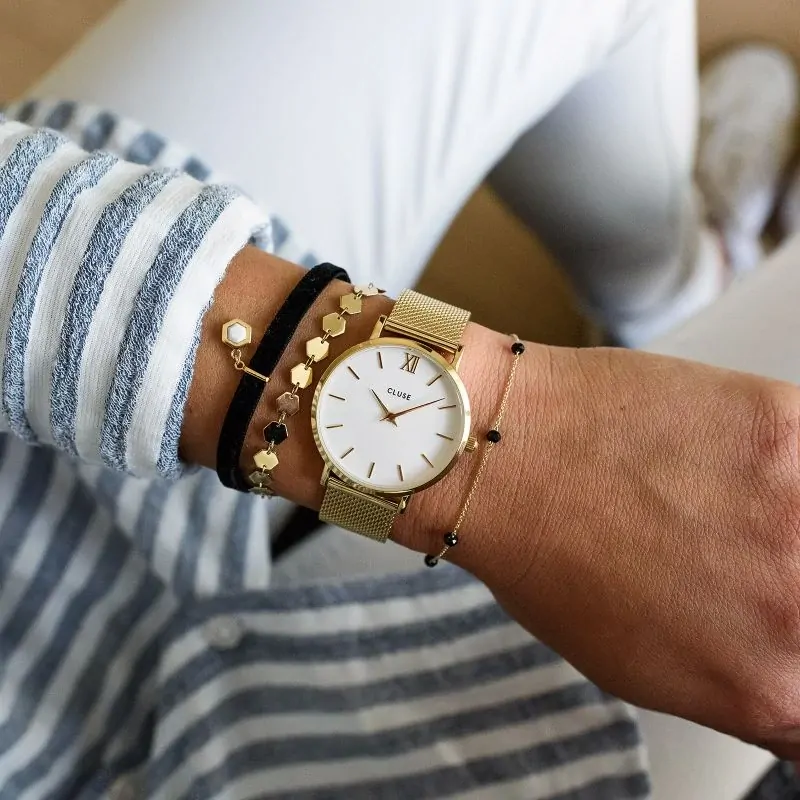 33mm Minuit Womens Quartz Watch With White Dial & Gold Stainless Steel Mesh Band By CLUSE image