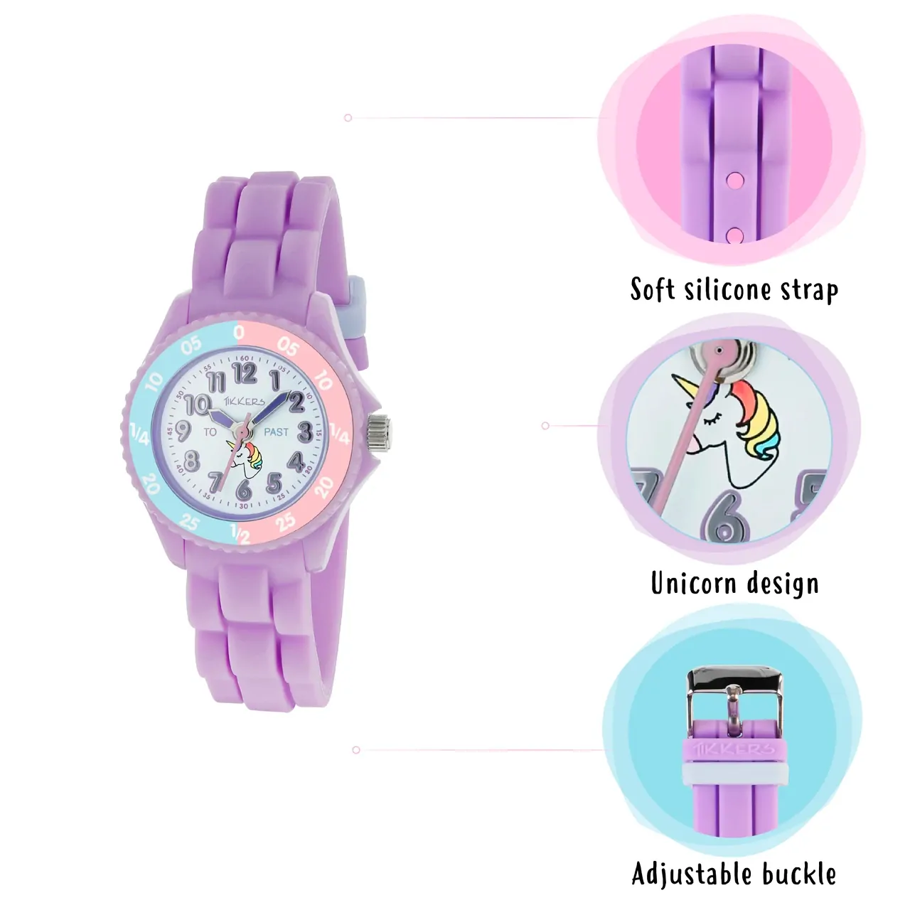 Time Teacher Girls Quartz Watch With Unicorn Dial & Purple Silicone Strap By TIKKERS image