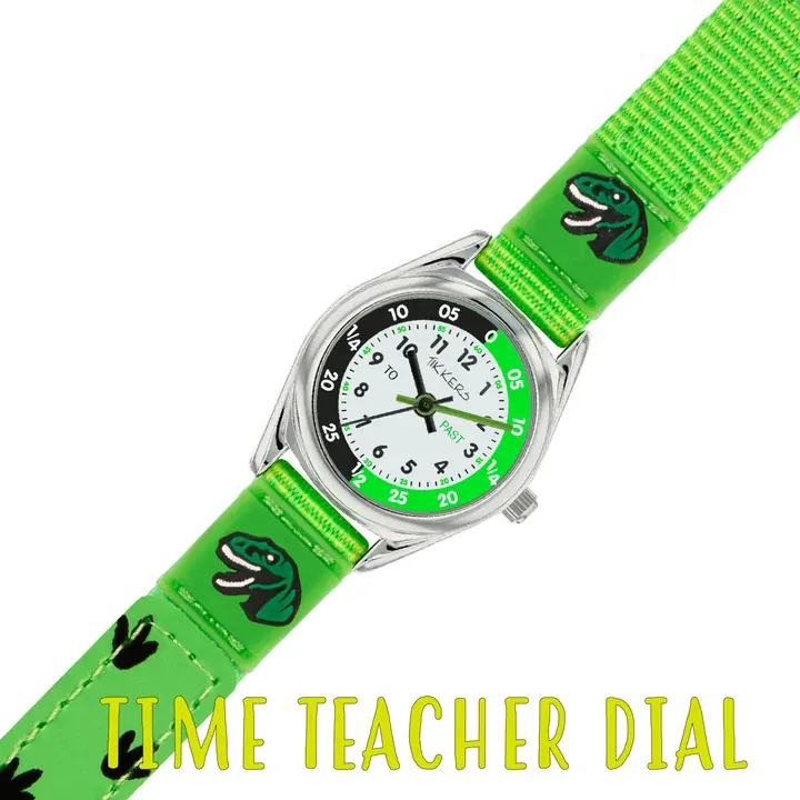 Time Teacher Green Youth Quartz Watch With Green Canvas Dinosaur Strap By TIKKERS image