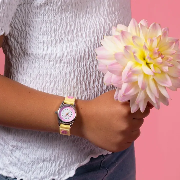 Time Teacher Yellow & Pink Youth Quartz Watch With Flower & Polka Dot Canvas Strap By TIKKERS image