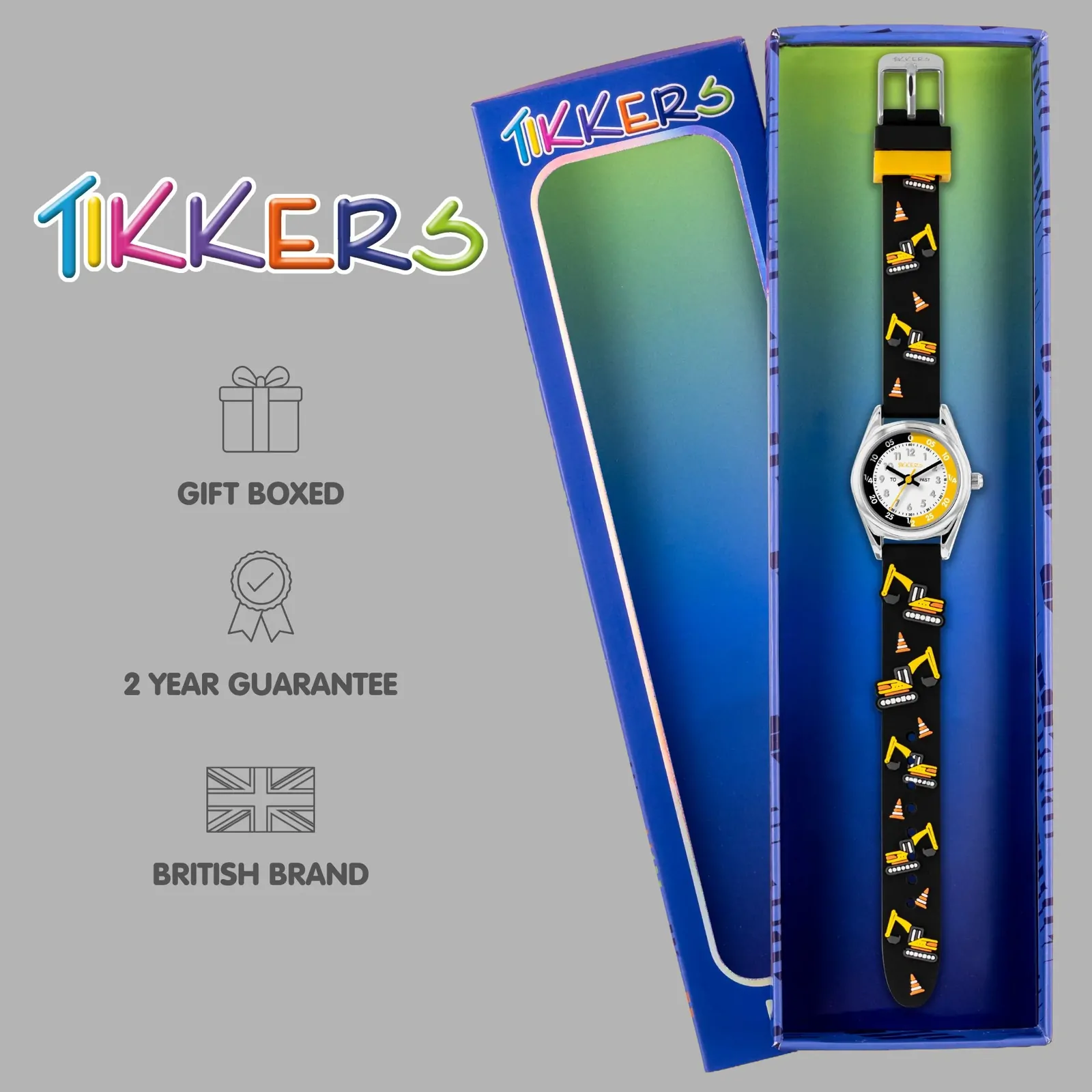 Time Teacher 3D Black & Yellow Diggers Kids Watch With Silicone Strap By TIKKERS image
