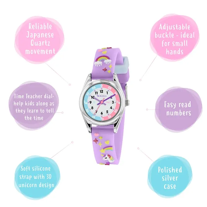 Time Teacher Purple Youth Quartz Watch With 3D Unicorn Silicone Strap By TIKKERS image
