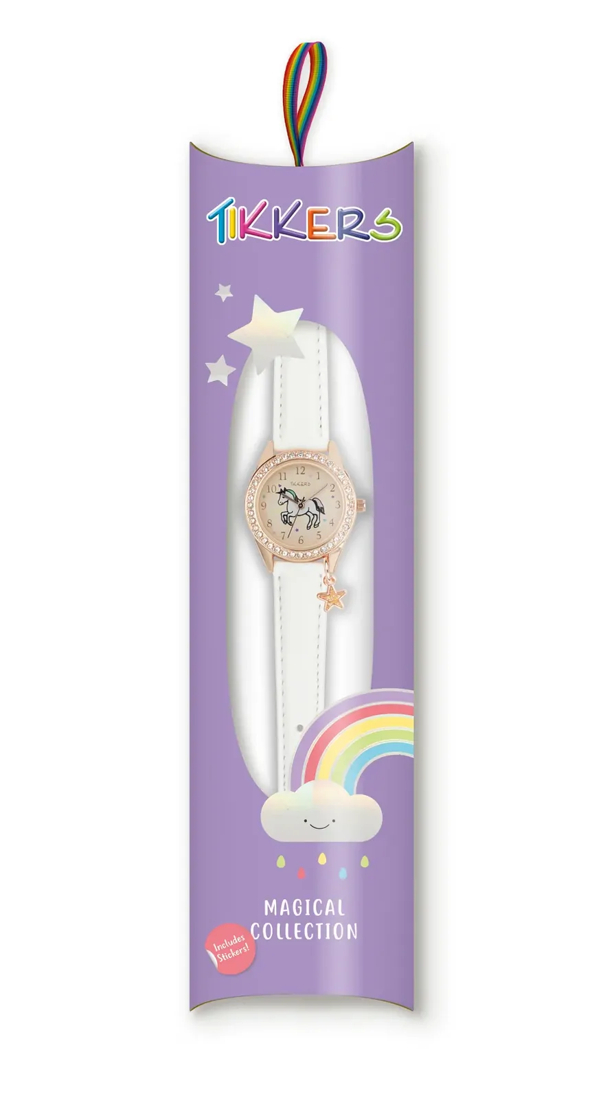 Charm Collection Rose Gold Kids Watch With Sparkly Unicorn Dial & White Leatherette Strap By TIKKERS image