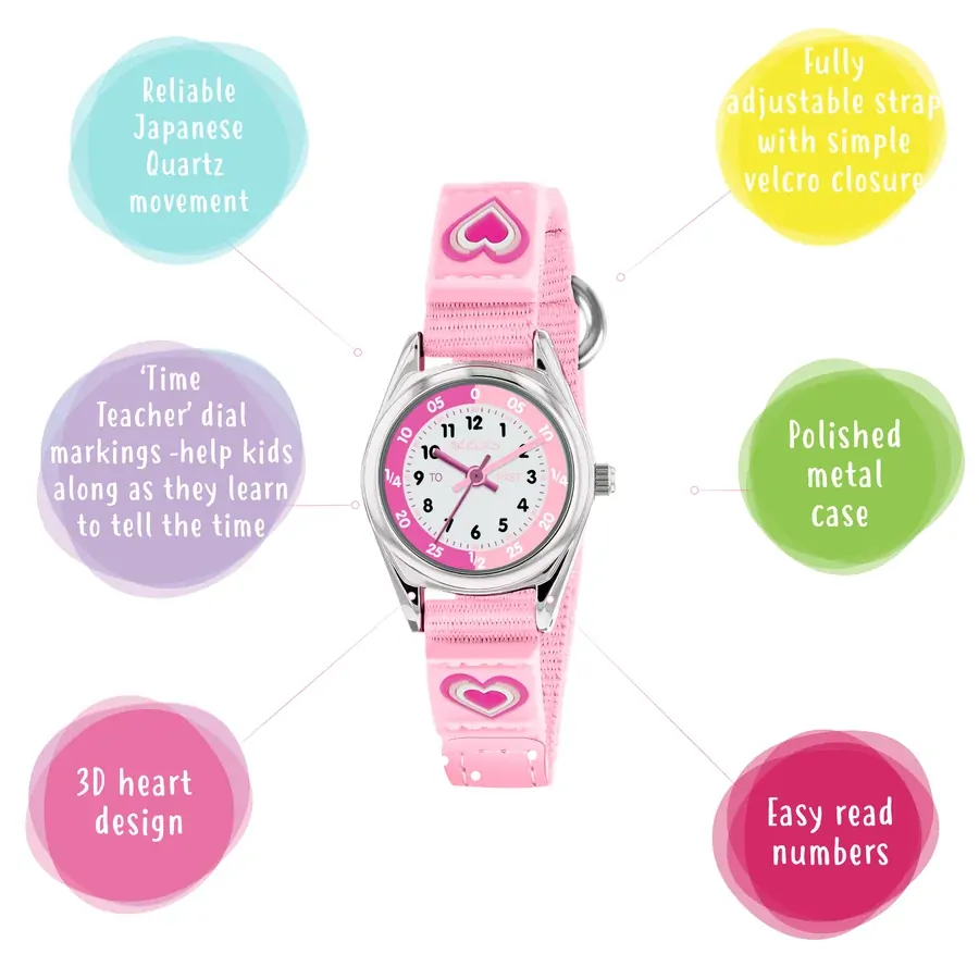Time Teacher 3D Pink Heart Kids Watch Gift Set With Bracelet & Purse By TIKKERS image