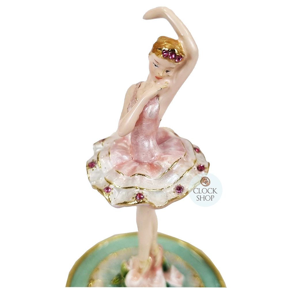 ENAMEL BALLERINA MUSIC BOX FIGURINE PINK WITH GREEN BASE TUNE SWAN LAKE
