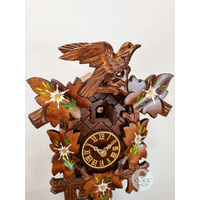 5 Leaf & Bird 1 Day Mechanical Carved Cuckoo Clock With Edelweiss Flowers 28cm By HÖNES image