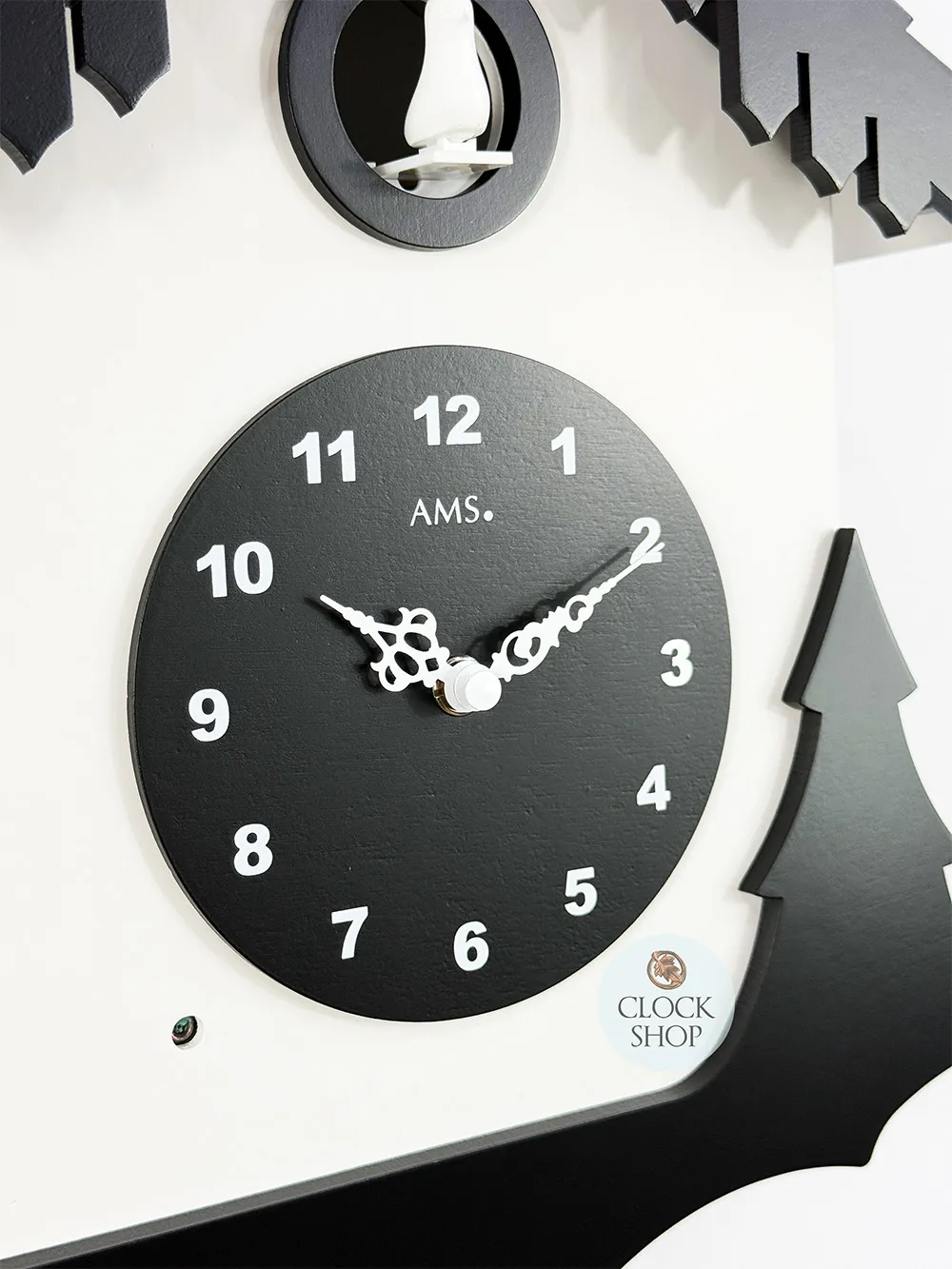 34cm Black & White Modern Battery Chalet Cuckoo Clock By AMS image