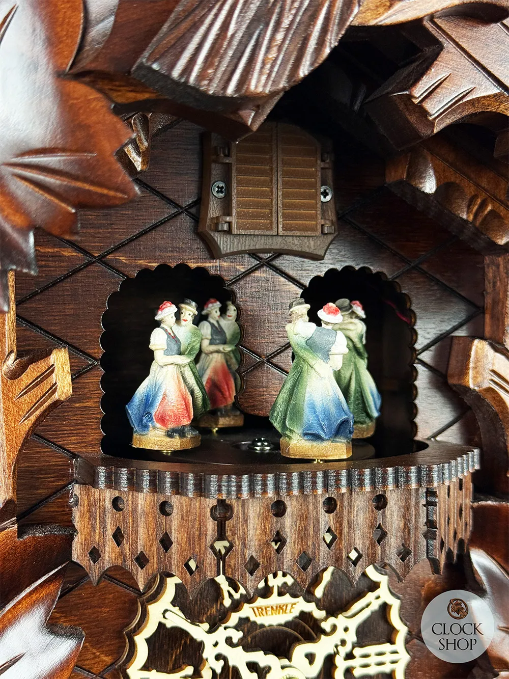5 Leaf & Bird LED Battery Carved Cuckoo Clock With Dancers 48cm By TRENKLE image