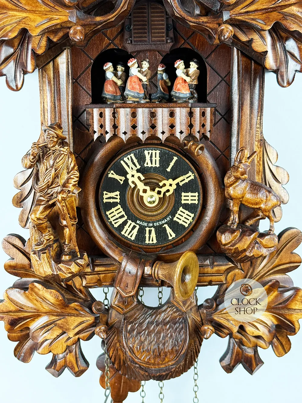 Hunter, Ibex & Eagle Battery Carved Cuckoo Clock With Dancers 53cm By HÖNES image
