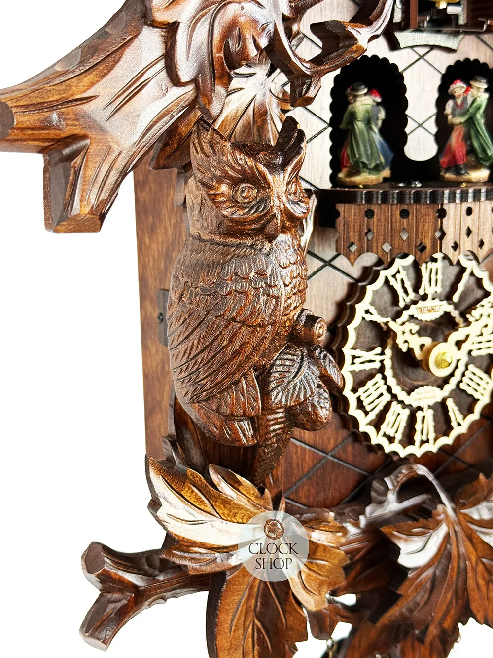 Owls Battery Carved Cuckoo Clock With Dancers 52cm By TRENKLE image